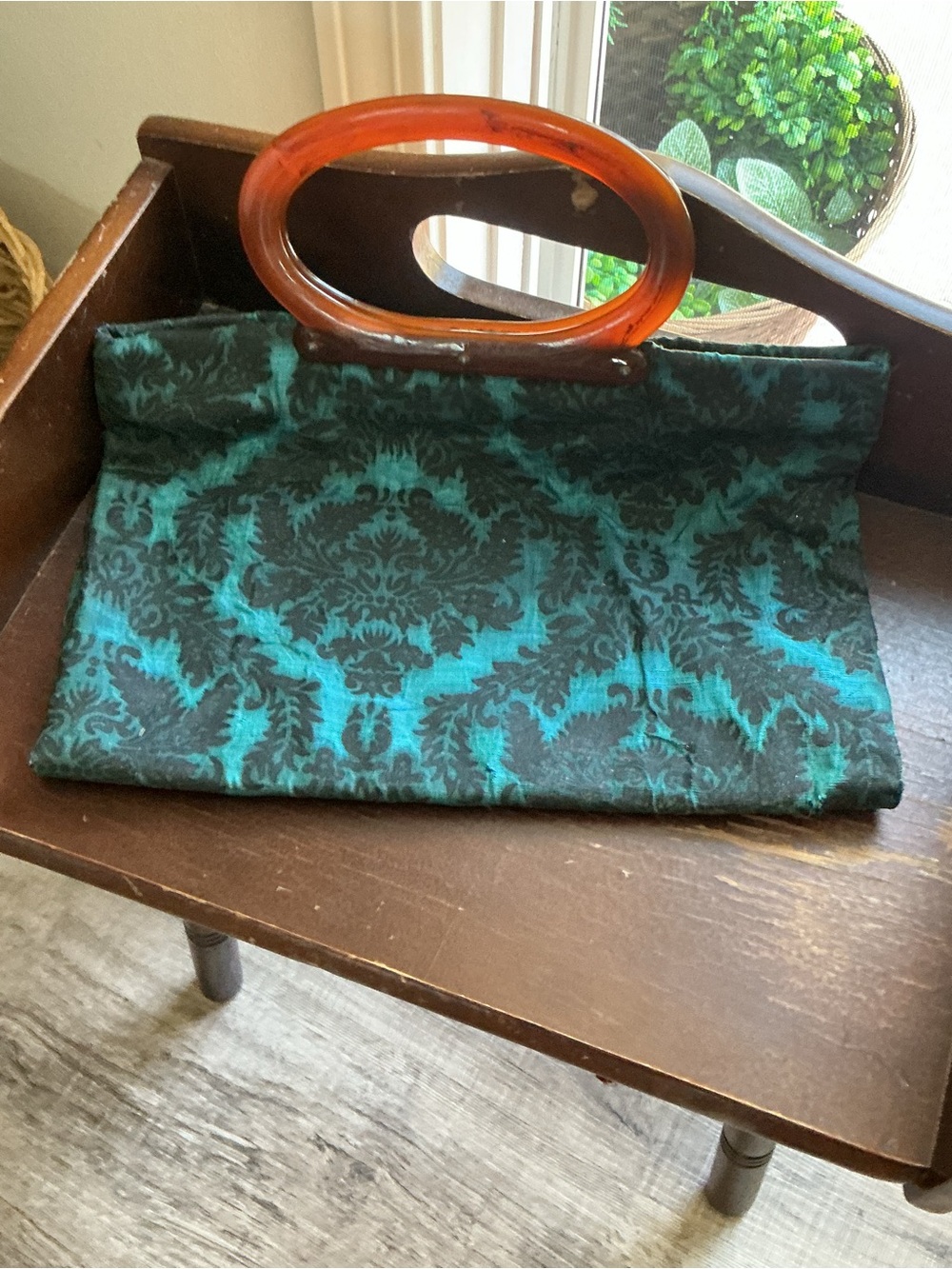 Vintage Women’s Teal and Black Damask Handbag with lucite  Handle